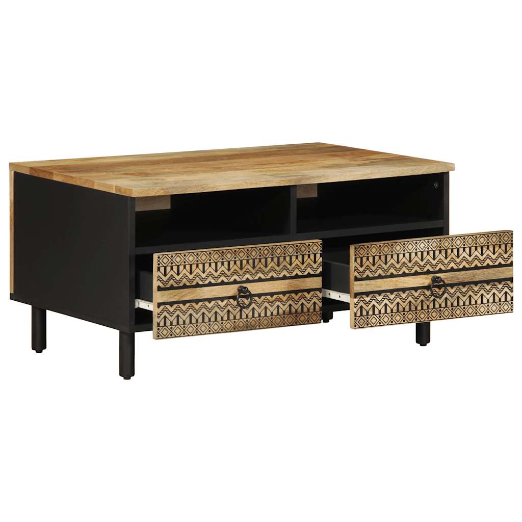 Mesa De Centro Madera Maciza De Mango Rugosa Negro 80X54X40 Cm