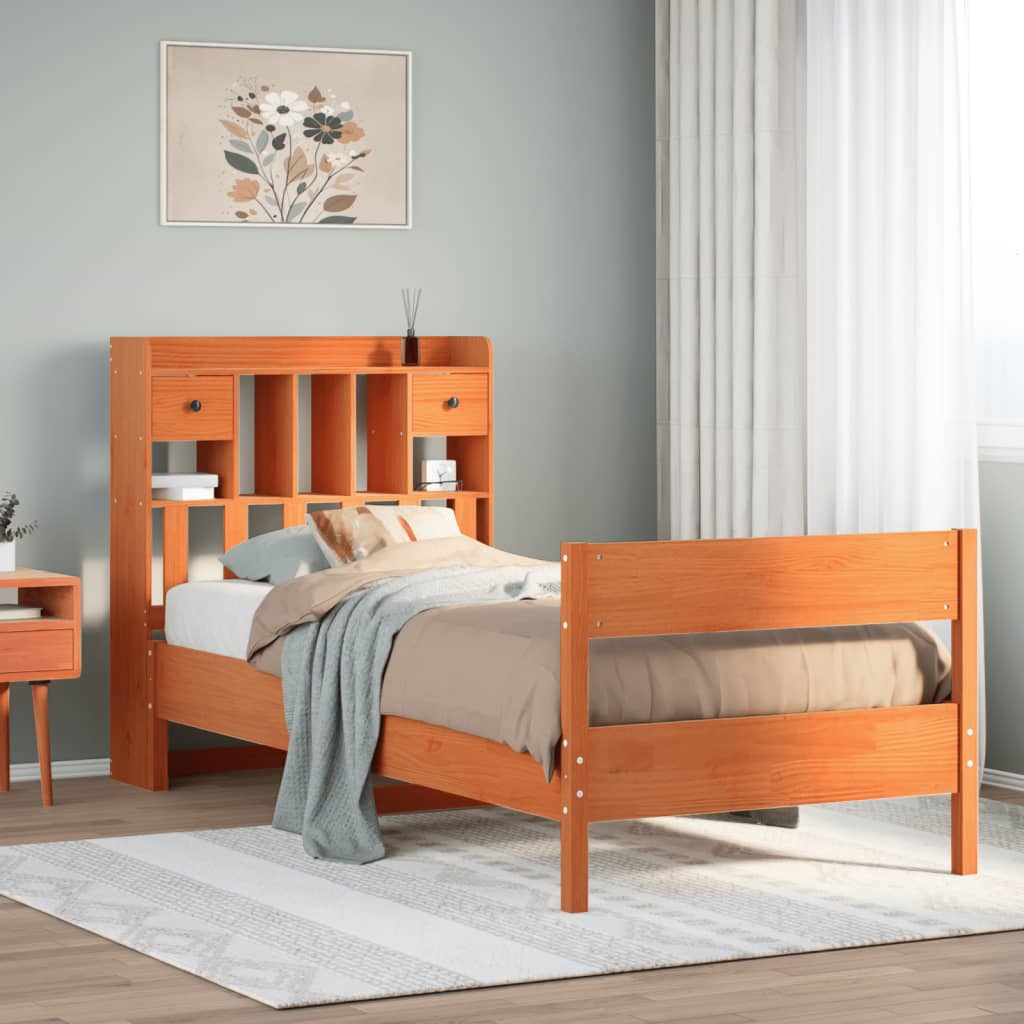 Cama Con Estantería Sin Colchón Madera Maciza De Pino 180X200Cm