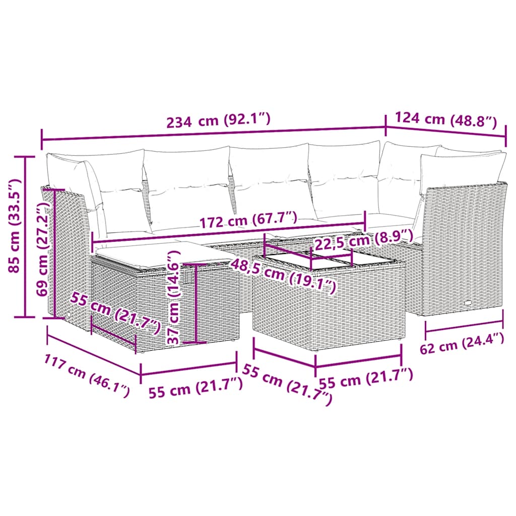 Set Sofás De Jardín 7 Piezas Y Cojines Ratán Sintético Beige