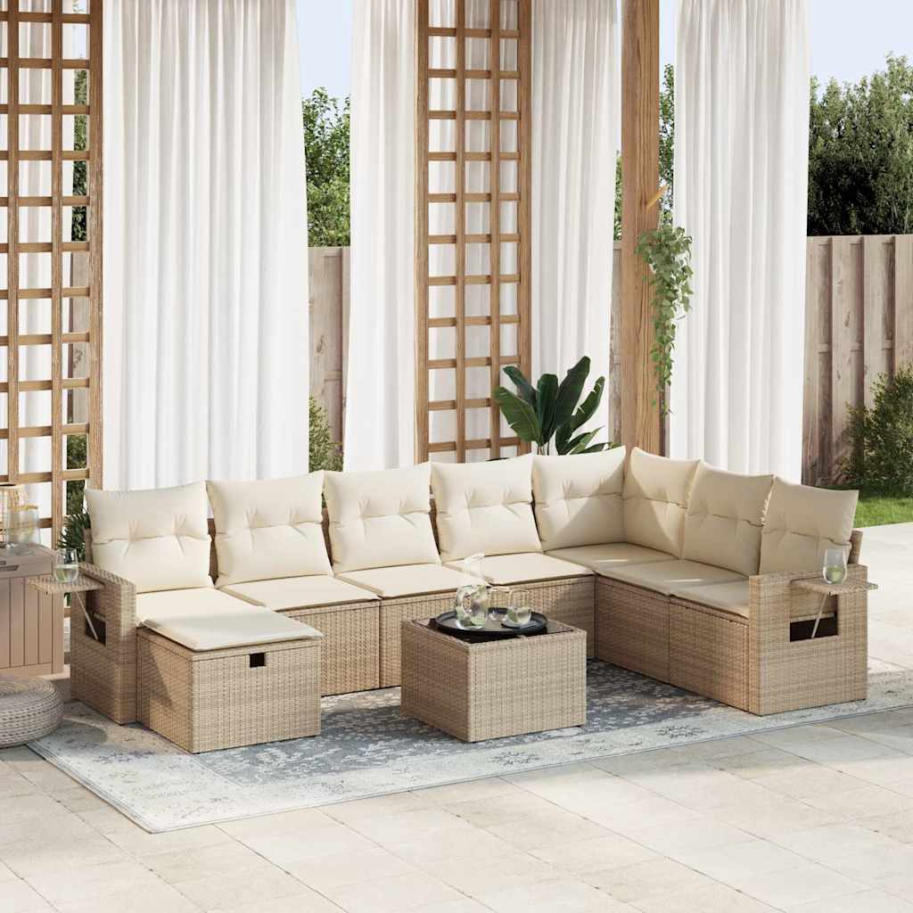 Set De Sofás De Jardín Con Cojines 9 Pzas Ratán Sintético Beige