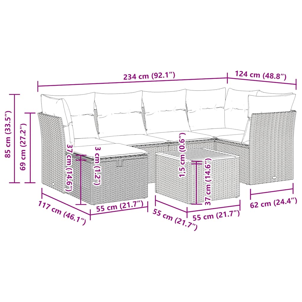 Set De Sofás De Jardín 7 Pzas Con Cojines Ratán Sintético
