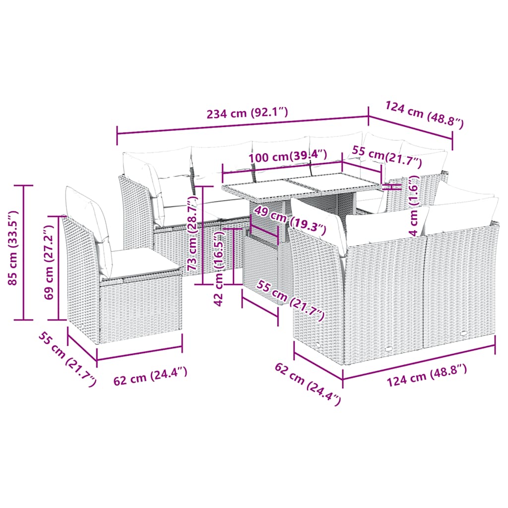 Set De Sofás De Jardín Con Cojines 9 Pzas Ratán Sintético Beige