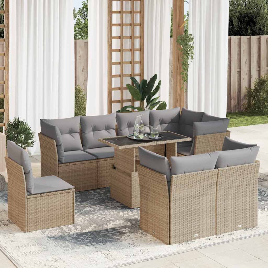 Set De Sofás De Jardín Con Cojines 9 Pzas Ratán Sintético Beige