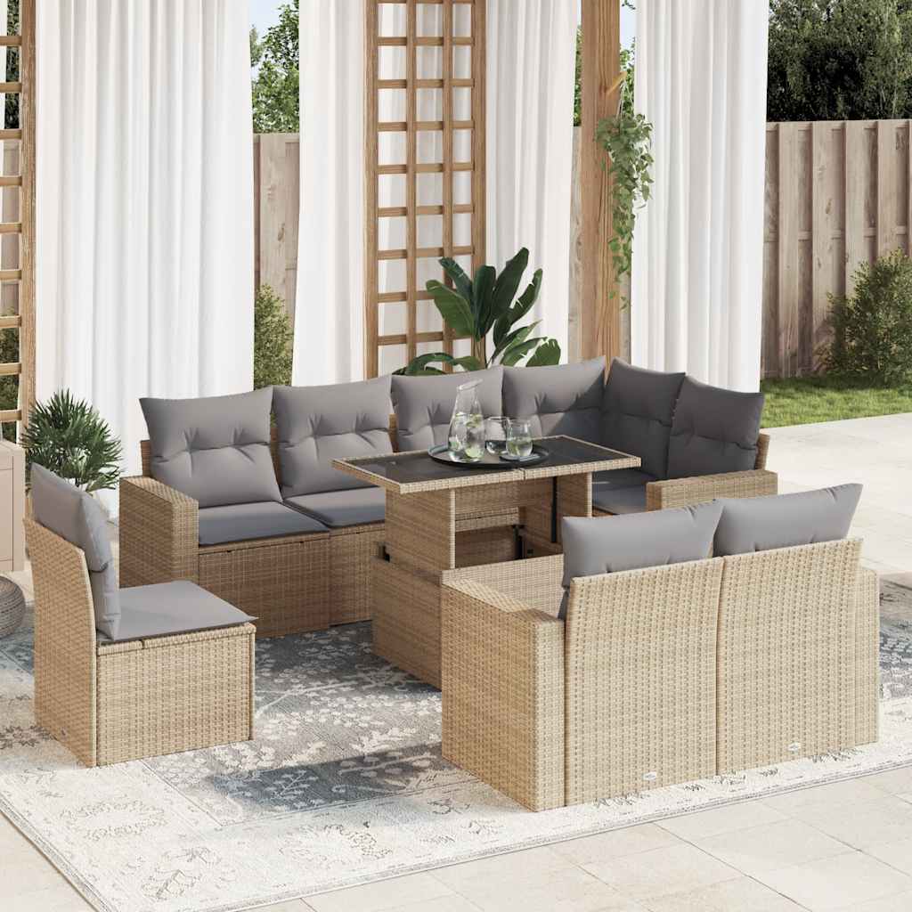 Set De Sofás De Jardín 9 Pzas Y Cojines Ratán Sintético Marrón