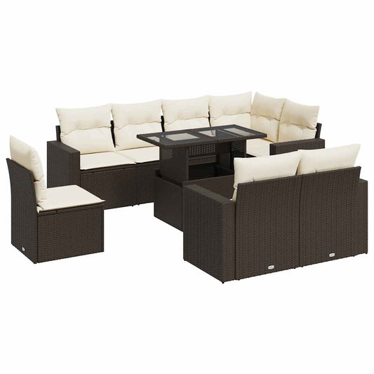 Set De Sofás De Jardín 9 Pzas Y Cojines Ratán Sintético Marrón