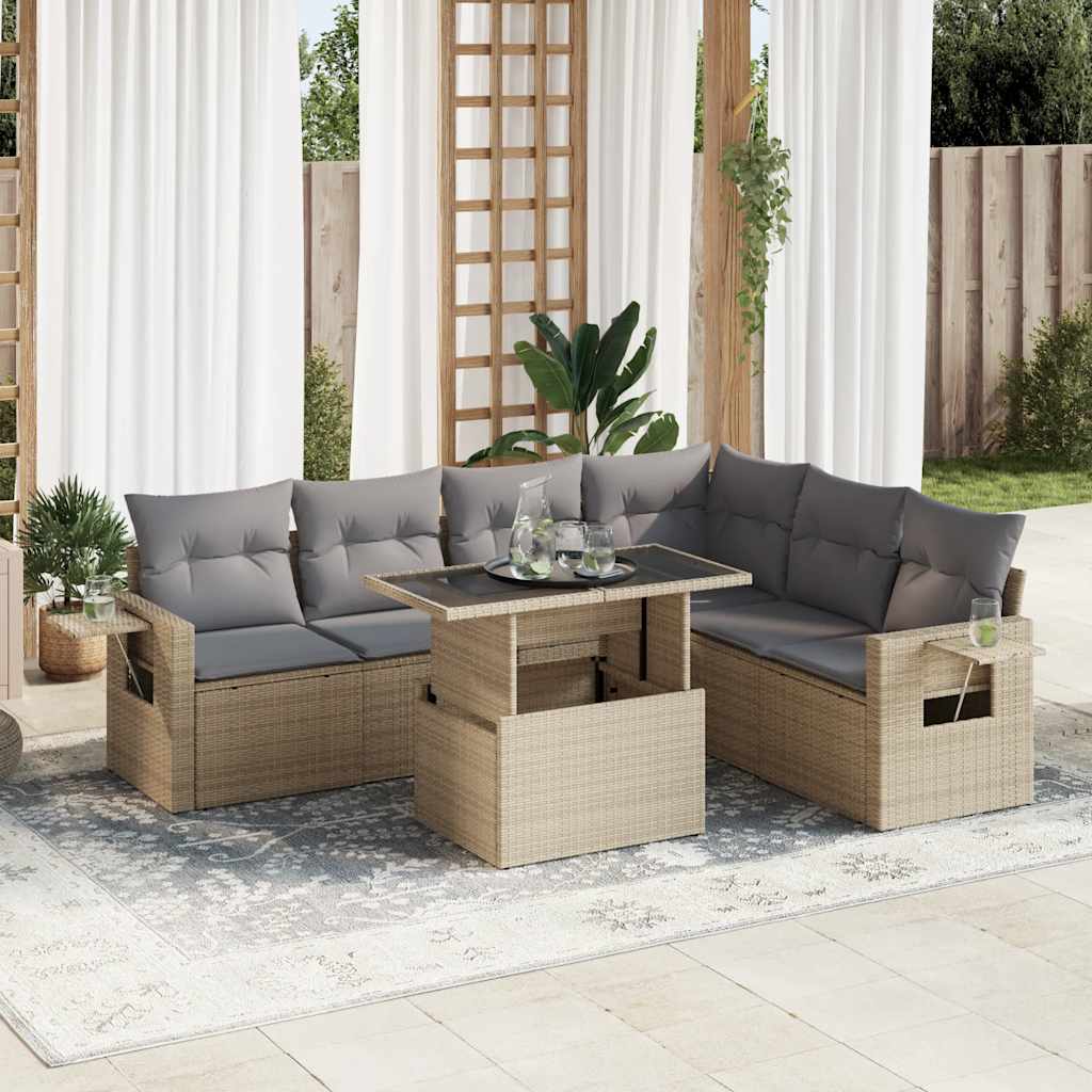 Set Sofás De Jardín 7 Piezas Y Cojines Ratán Sintético Beige
