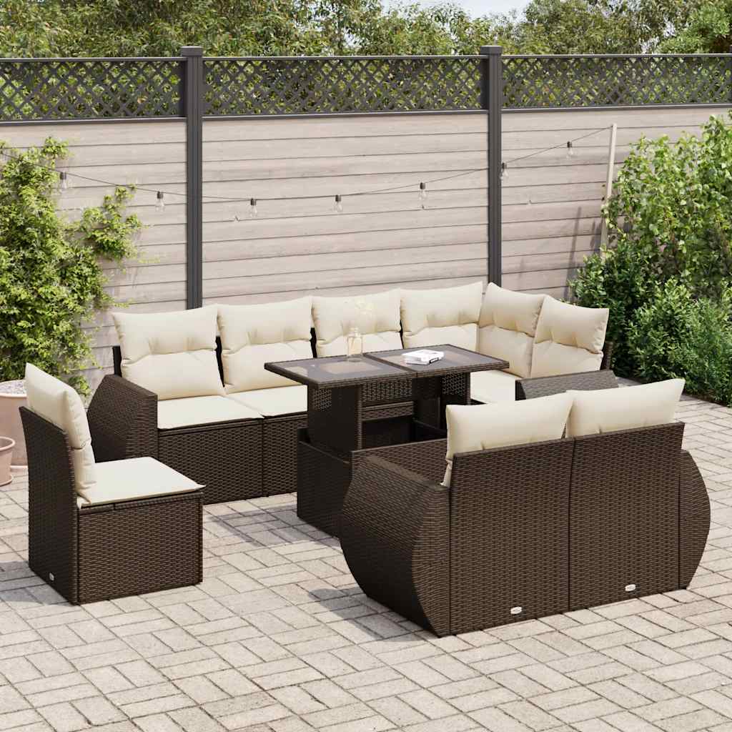 Set De Sofás De Jardín 9 Pzas Y Cojines Ratán Sintético Marrón