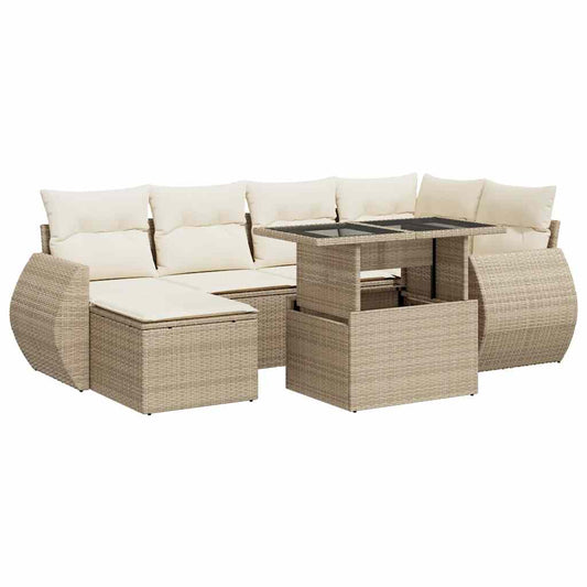 Set Sofás De Jardín 7 Piezas Y Cojines Ratán Sintético Beige