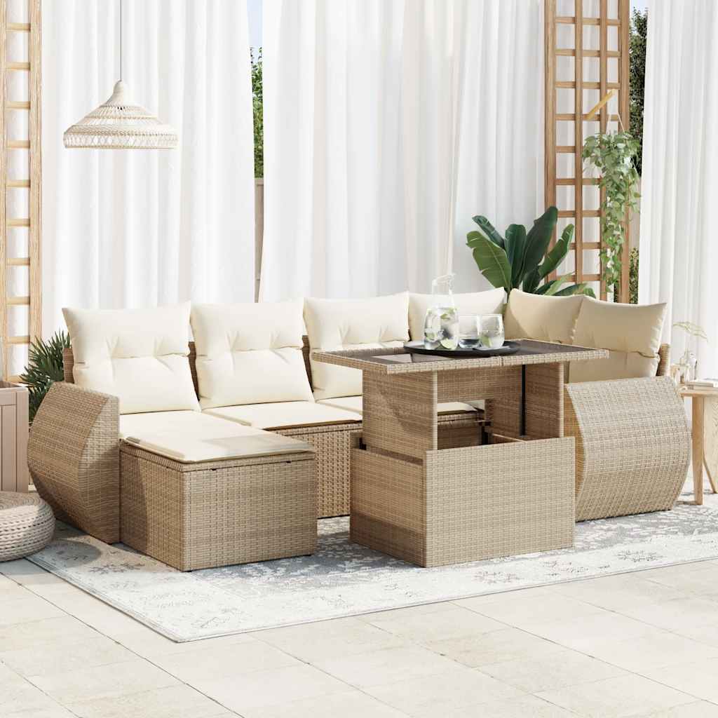 Set Sofás De Jardín 7 Piezas Y Cojines Ratán Sintético Beige