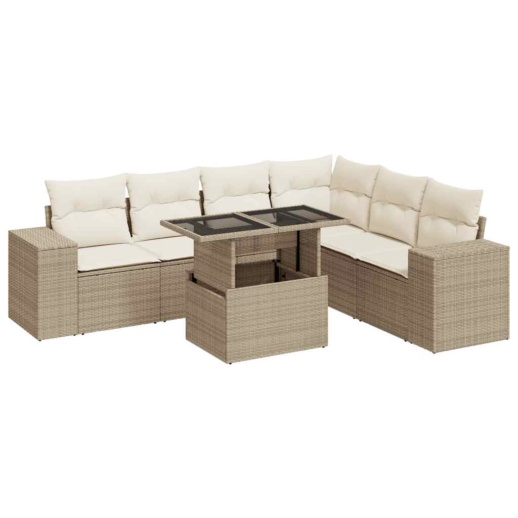 Set Sofás De Jardín 7 Piezas Y Cojines Ratán Sintético Beige