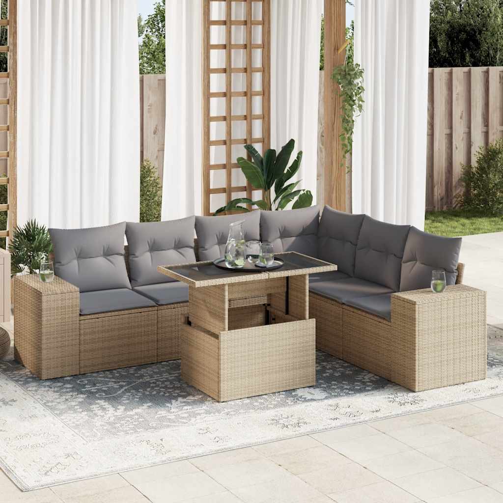 Set Sofás De Jardín 7 Piezas Y Cojines Ratán Sintético Beige