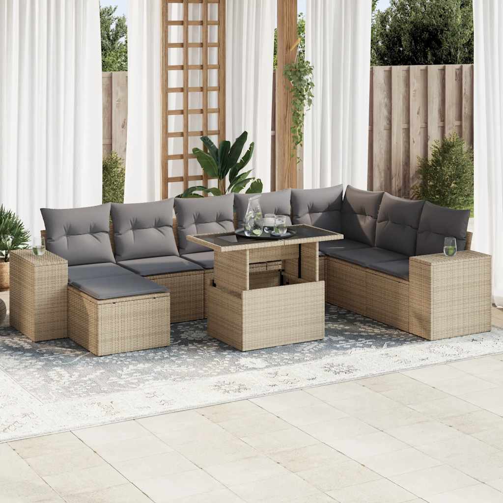 Set De Sofás De Jardín 9 Pzas Y Cojines Ratán Sintético Marrón