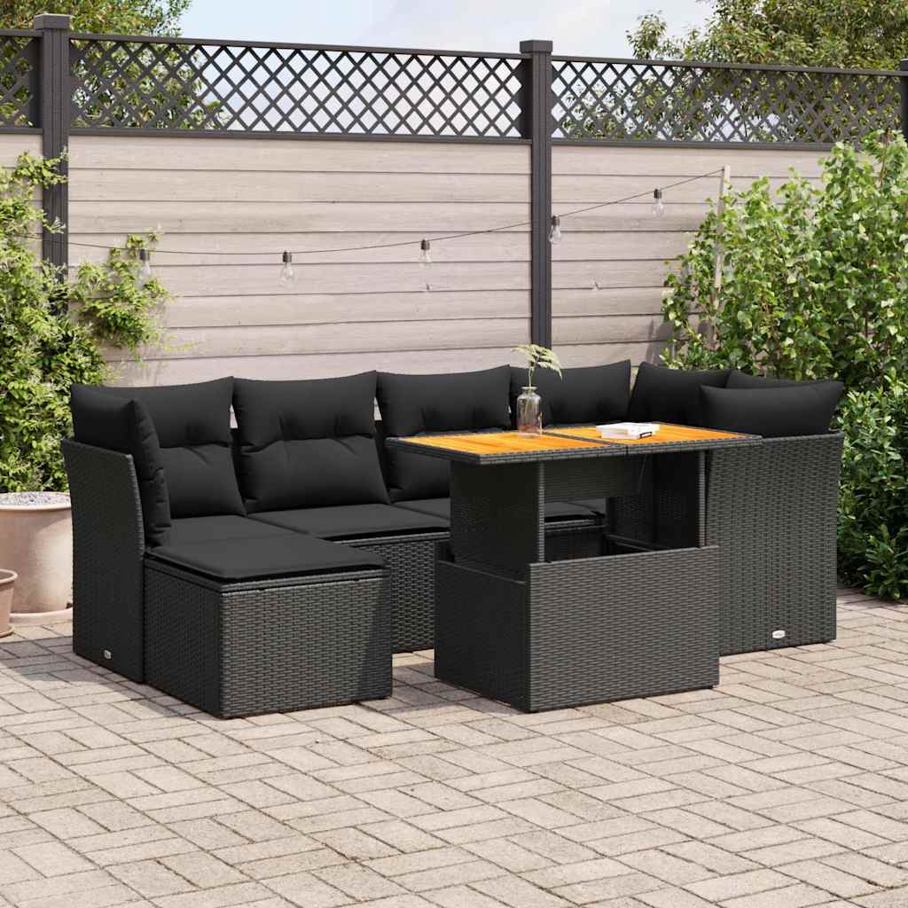 Set De Sofás De Jardín 7 Pzas Con Cojines Ratán Sintético Negro