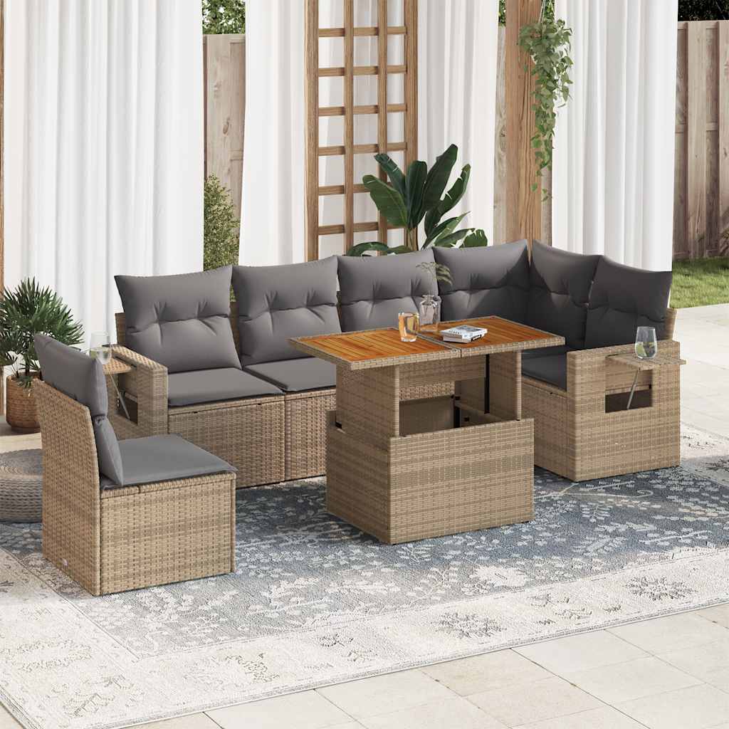 Set Sofás De Jardín 7 Piezas Y Cojines Ratán Sintético Beige