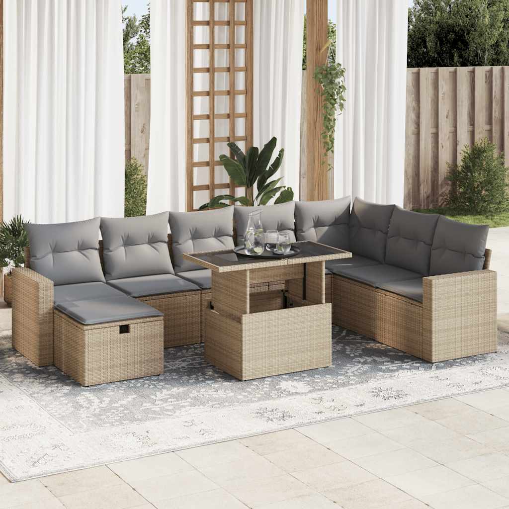 Set De Sofás De Jardín Con Cojines 9 Pzas Ratán Sintético Beige