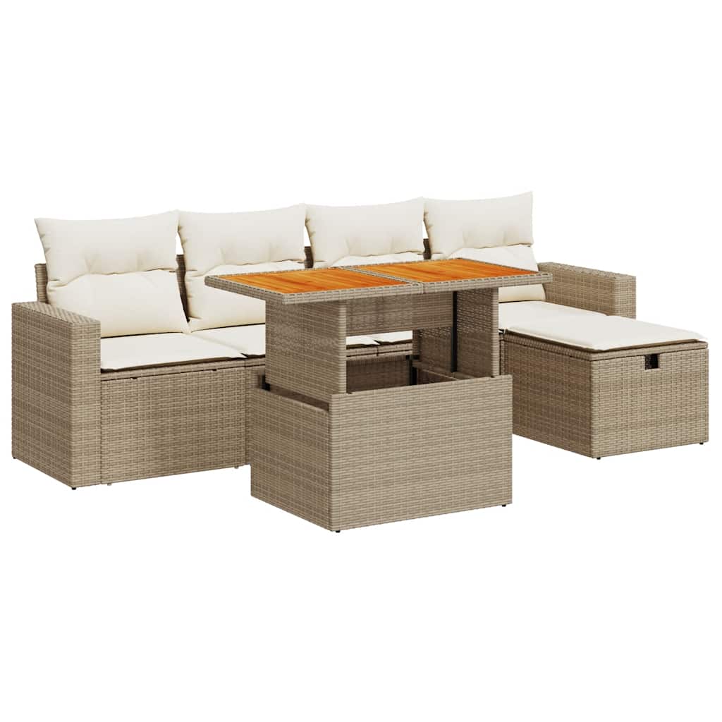 Set Sofás Jardín Y Cojines 6 Pzas Ratán Sintético Acacia Beige