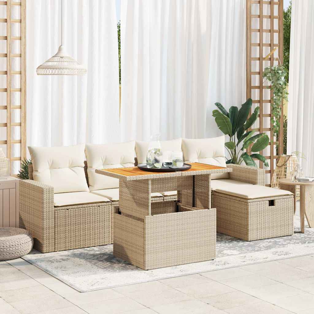 Set Sofás Jardín Y Cojines 6 Pzas Ratán Sintético Acacia Beige