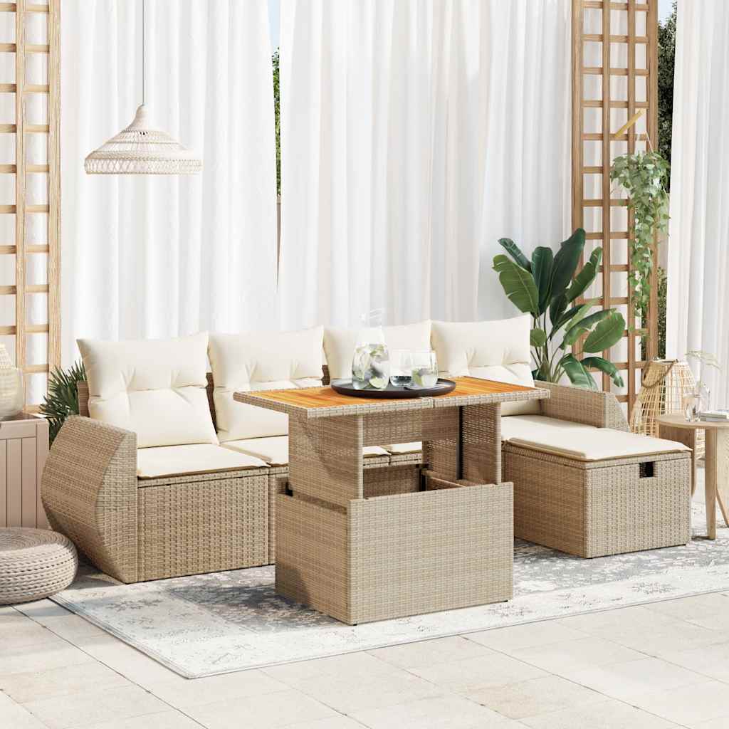 Set Sofás Jardín Y Cojines 6 Pzas Ratán Sintético Acacia Beige
