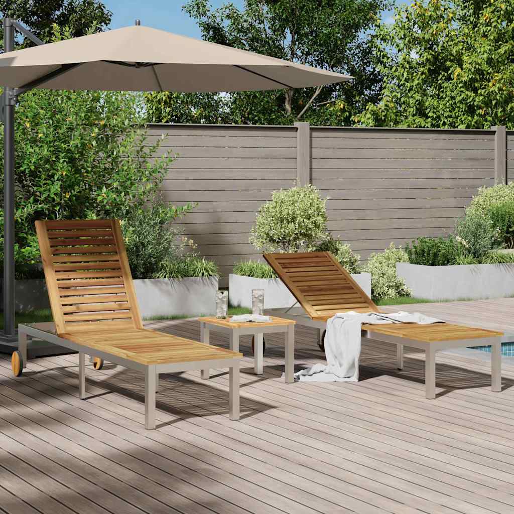 Tumbona 3 Pcs Marrón Madera De Acacia Sólida Y Acero Inoxidable