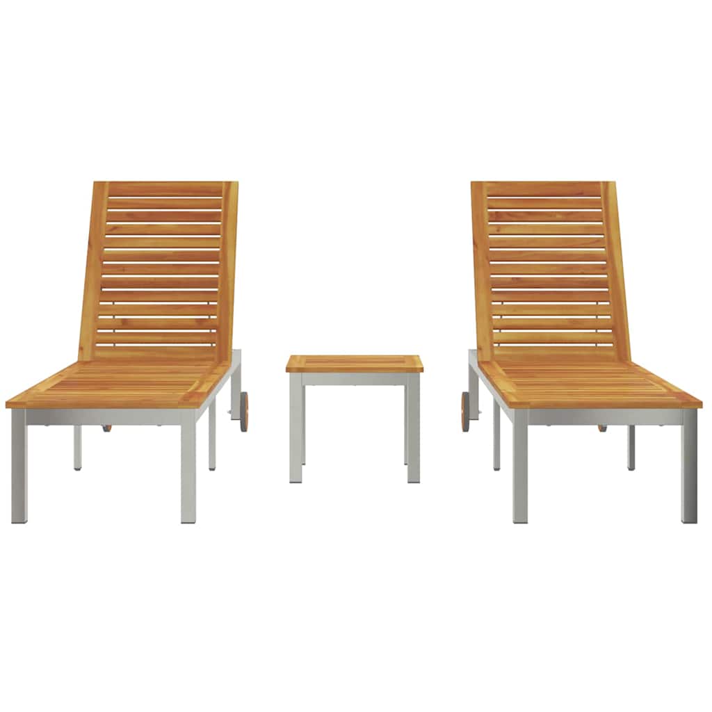 Tumbona 3 Pcs Marrón Madera De Acacia Sólida Y Acero Inoxidable