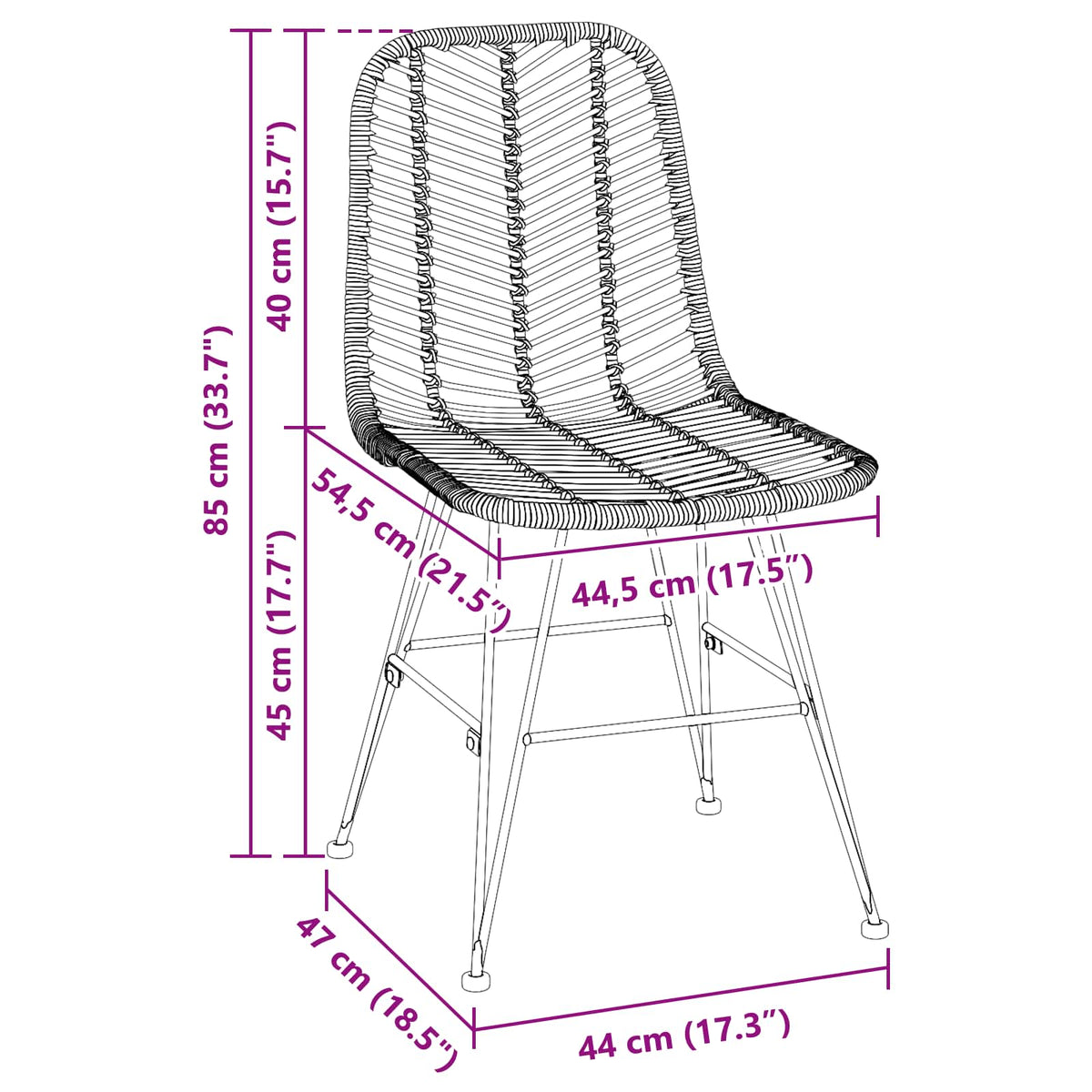 Silla De Comedor 2 Uds. Ratan E Hierro 44 X 54.5 X 85 Cm