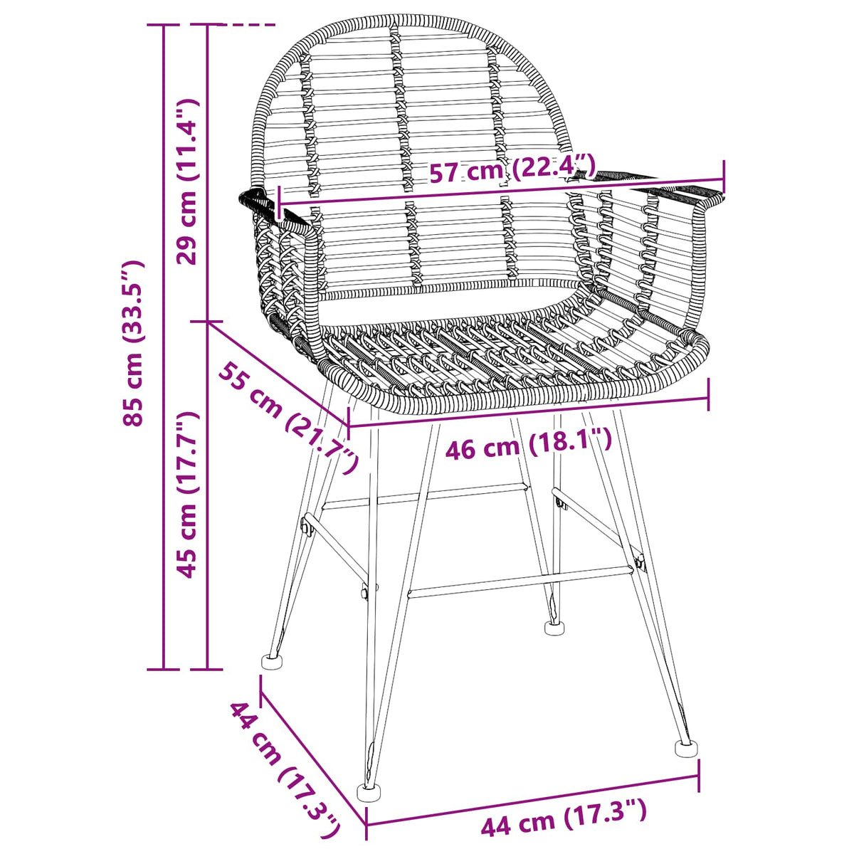 Silla De Comedor 2 Uds. Ratan E Hierro 57 X 55 X 85 Cm
