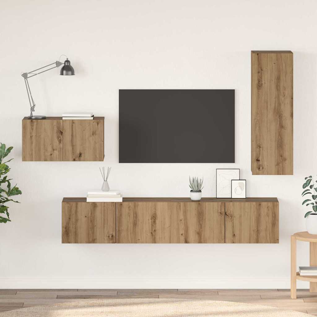 Conjunto De Mueble De Tv Con Cajón 4 Pcs Roble Artesanal