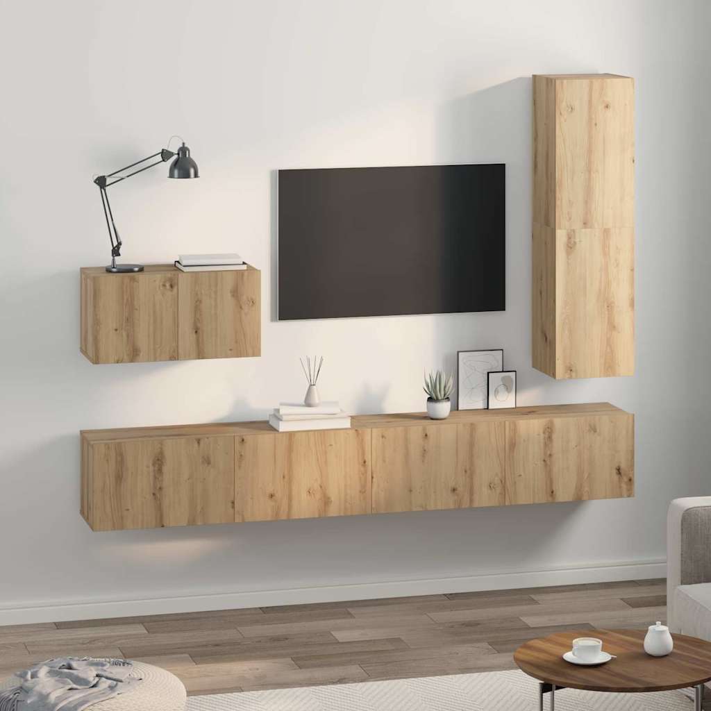 Conjunto De Mueble De Tv Con Cajón 4 Pcs Roble Artesanal