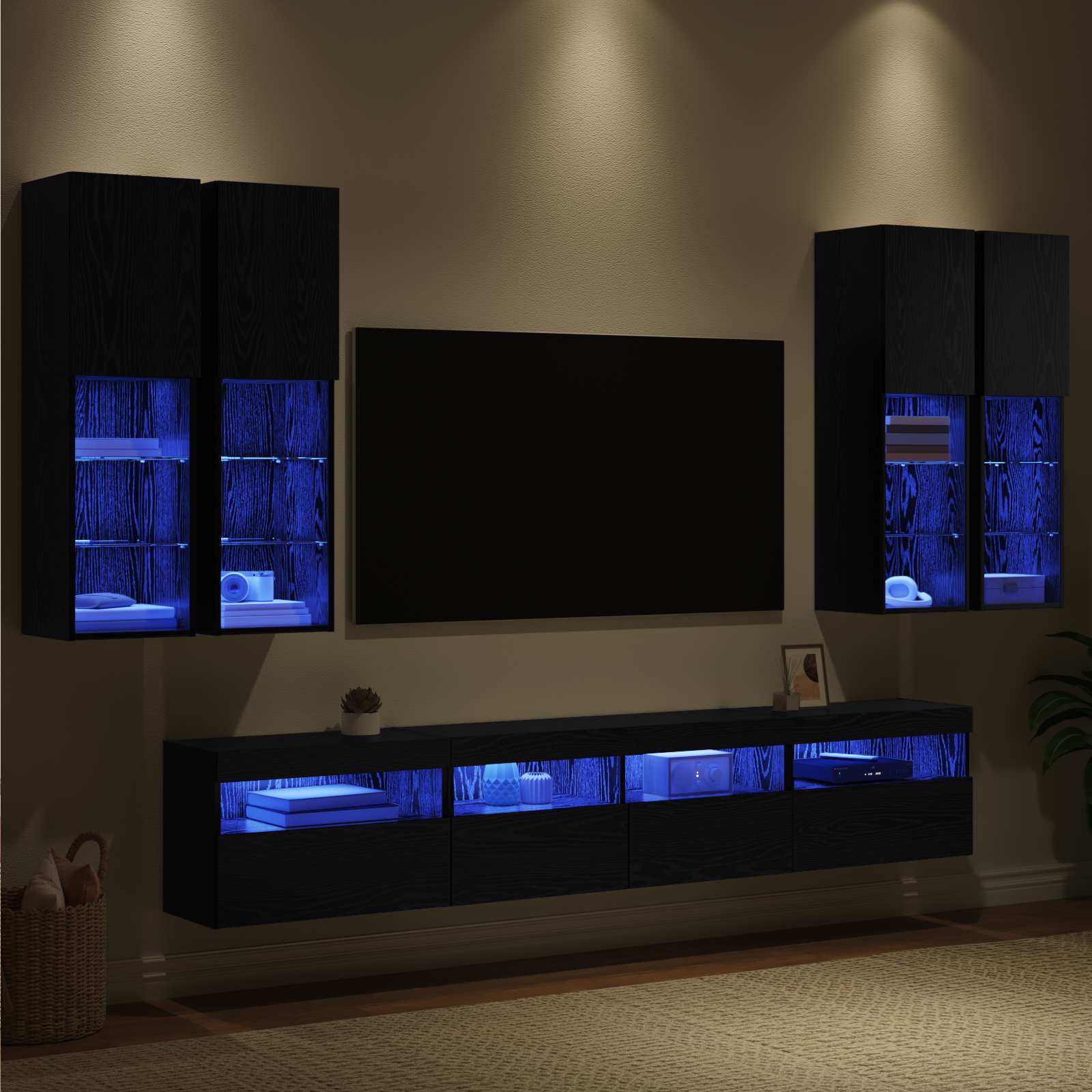 Conjunto De Mueble De Tv En La Pared Con Luces Led 7 Pcs