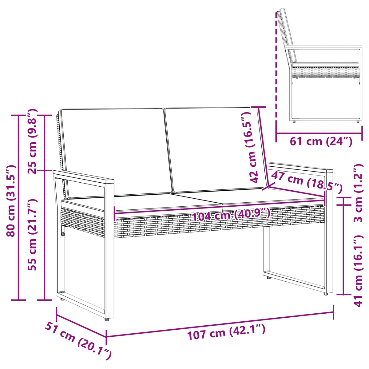 Banco De Exterior 2 -Seater 107 X 61 X 80 Cm Ratán Sintético