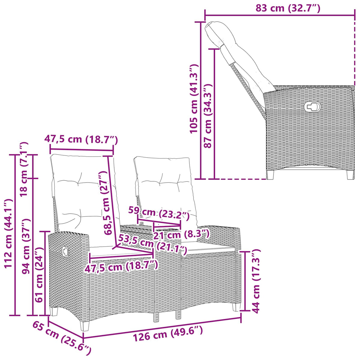 Banco Reclinable Con Mesa 2 -Seater 126 X 65 X 112 Cm