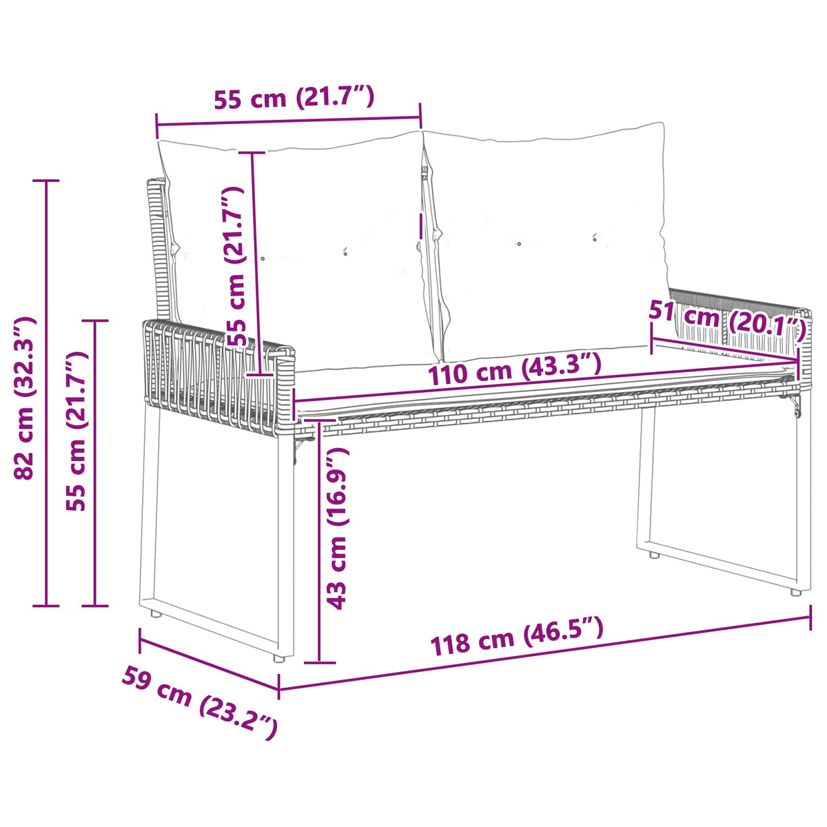 Banco De Exterior 2 -Seater 4 Uds. 110 X 59 X 82 Cm Rectangular