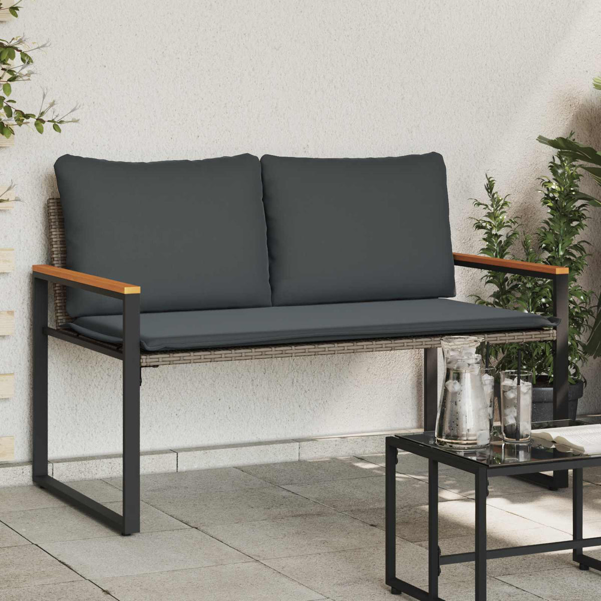 Banco Con Cojín Beige Y Crema 115 X 65 X 72 Cm Ratán