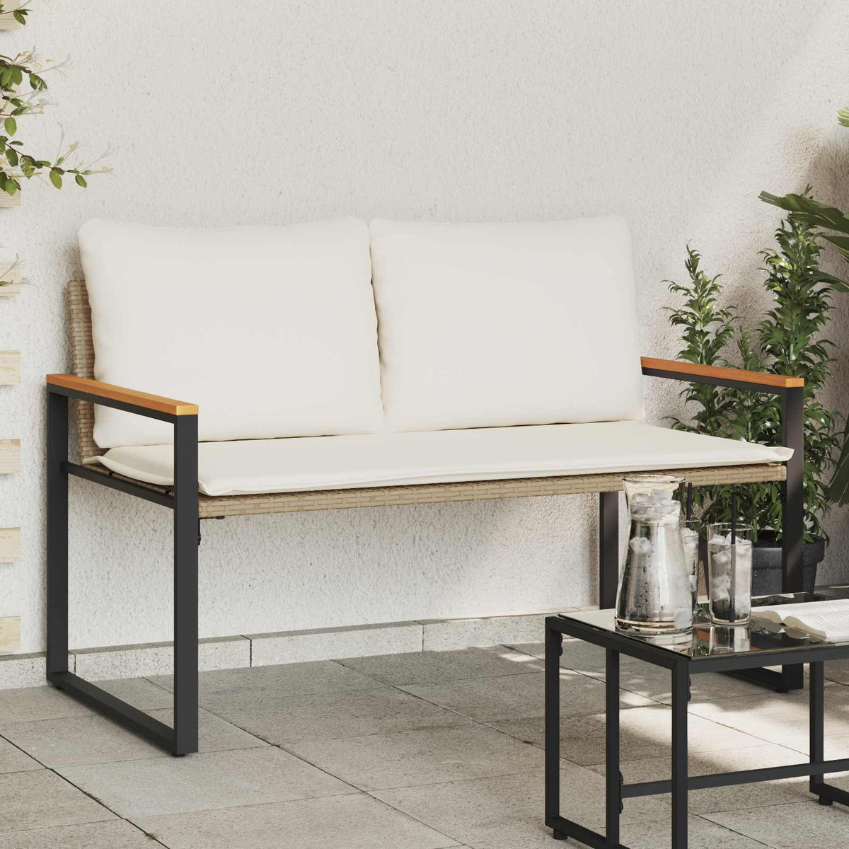 Banco Con Cojín Beige Y Crema 115 X 65 X 72 Cm Ratán