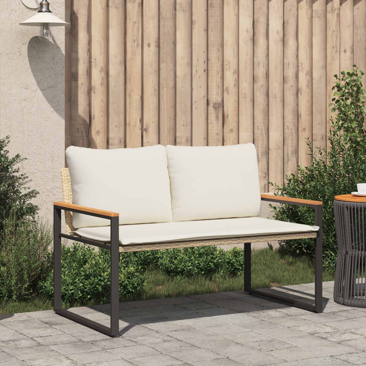 Banco Con Cojín Beige Y Crema 115 X 65 X 72 Cm Ratán