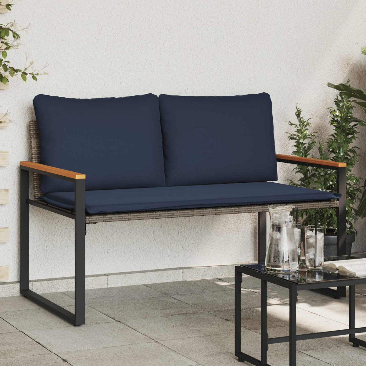 Banco Con Cojín Beige Y Crema 115 X 65 X 72 Cm Ratán