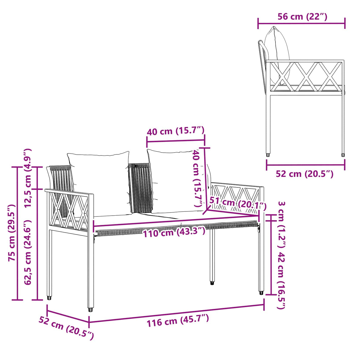 Bancos De Exterior 2 -Seater 116 X 56 X 75 Cm Ratán Sintético