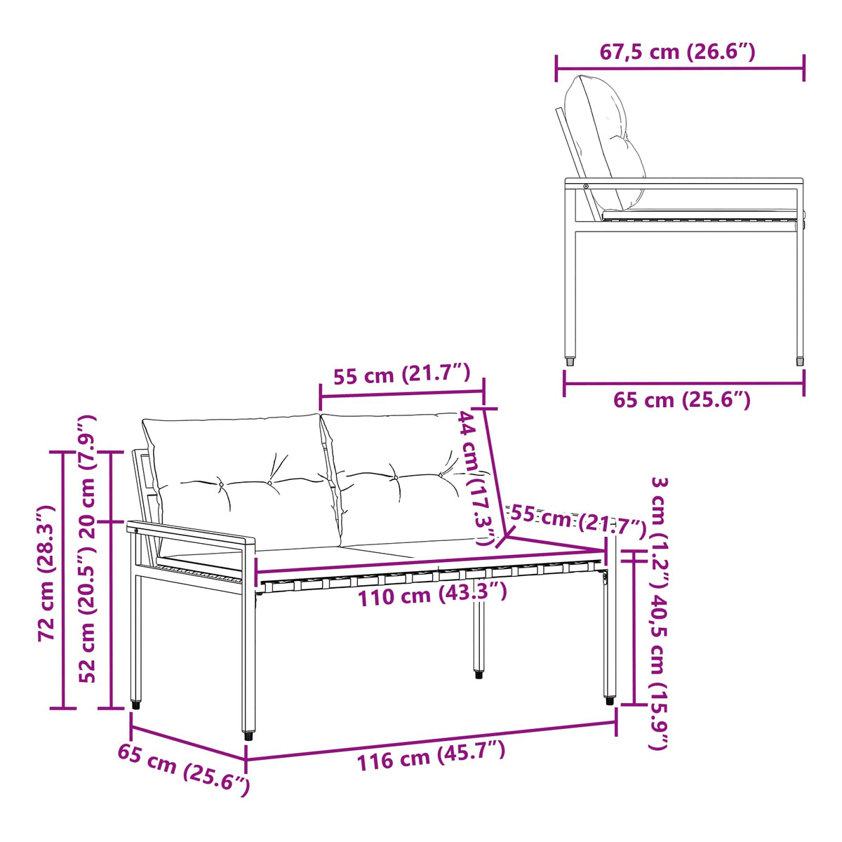Banco De Exterior 2 -Seater 116 X 67,5 X 72 Cm Ratán Sintético