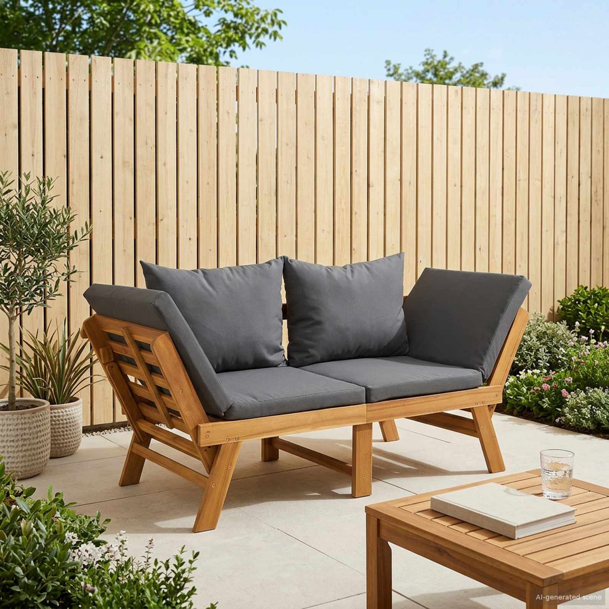 Banco De Jardín 3 En 1 Con Cojines Madera De Acacia Sólida