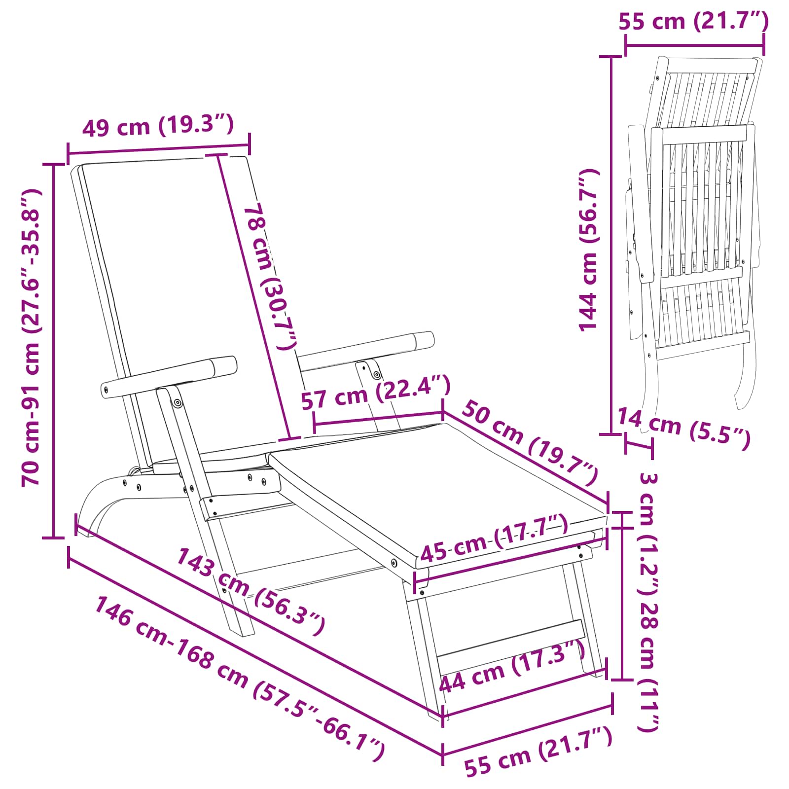 Recliner Y Tumbona Plegable 2 Pcs 55 X 146 X 91 Cm