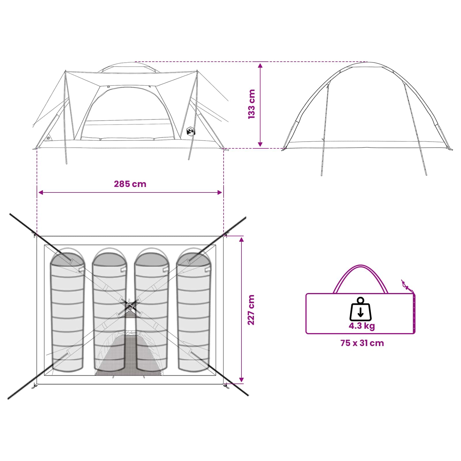 Tienda De Camping Con Techo Azul 4 Personas Poliéster Y Acero