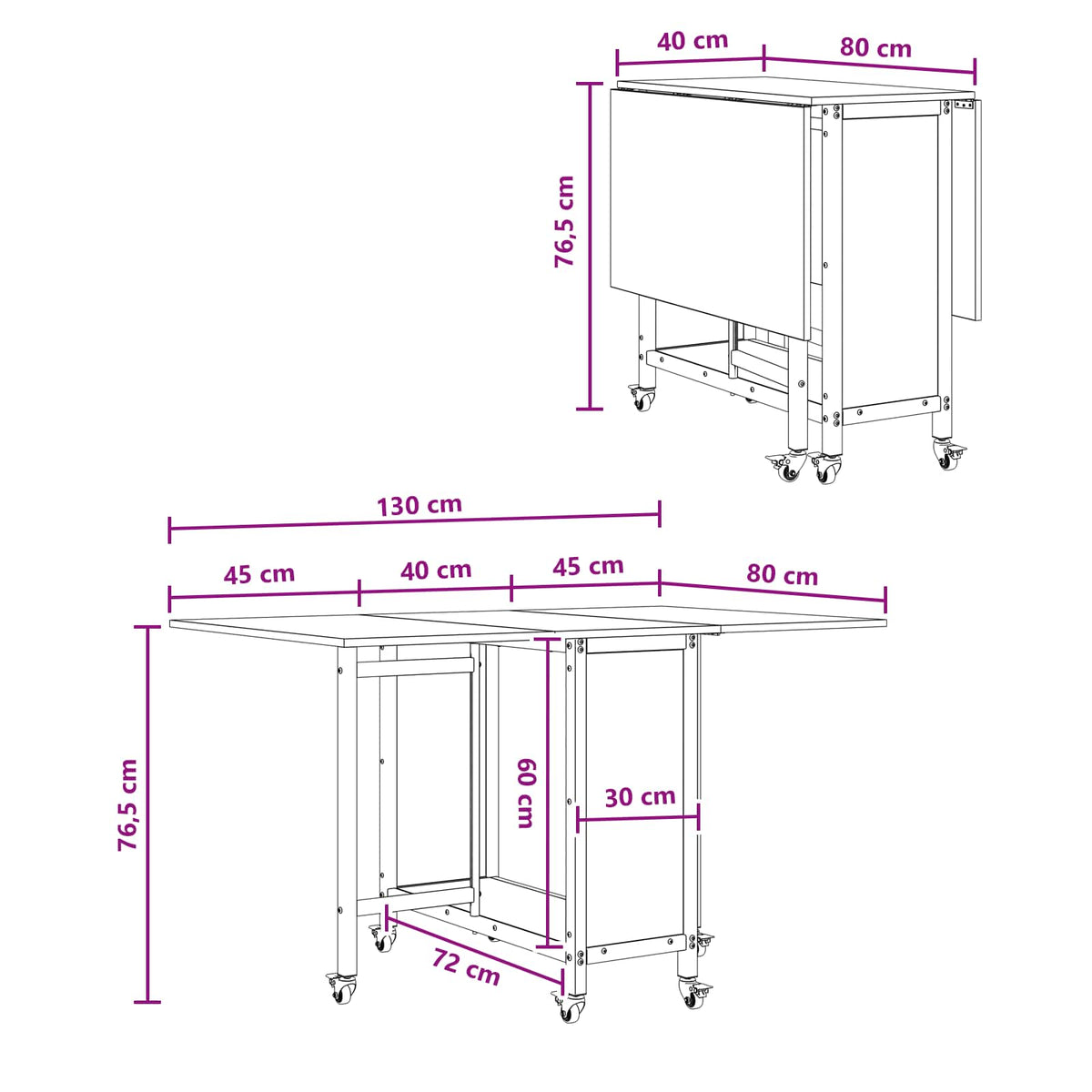 Mesa De Comedor Plegable Con Ruedas 130 X 80 X 76,5 Cm Acero Pb