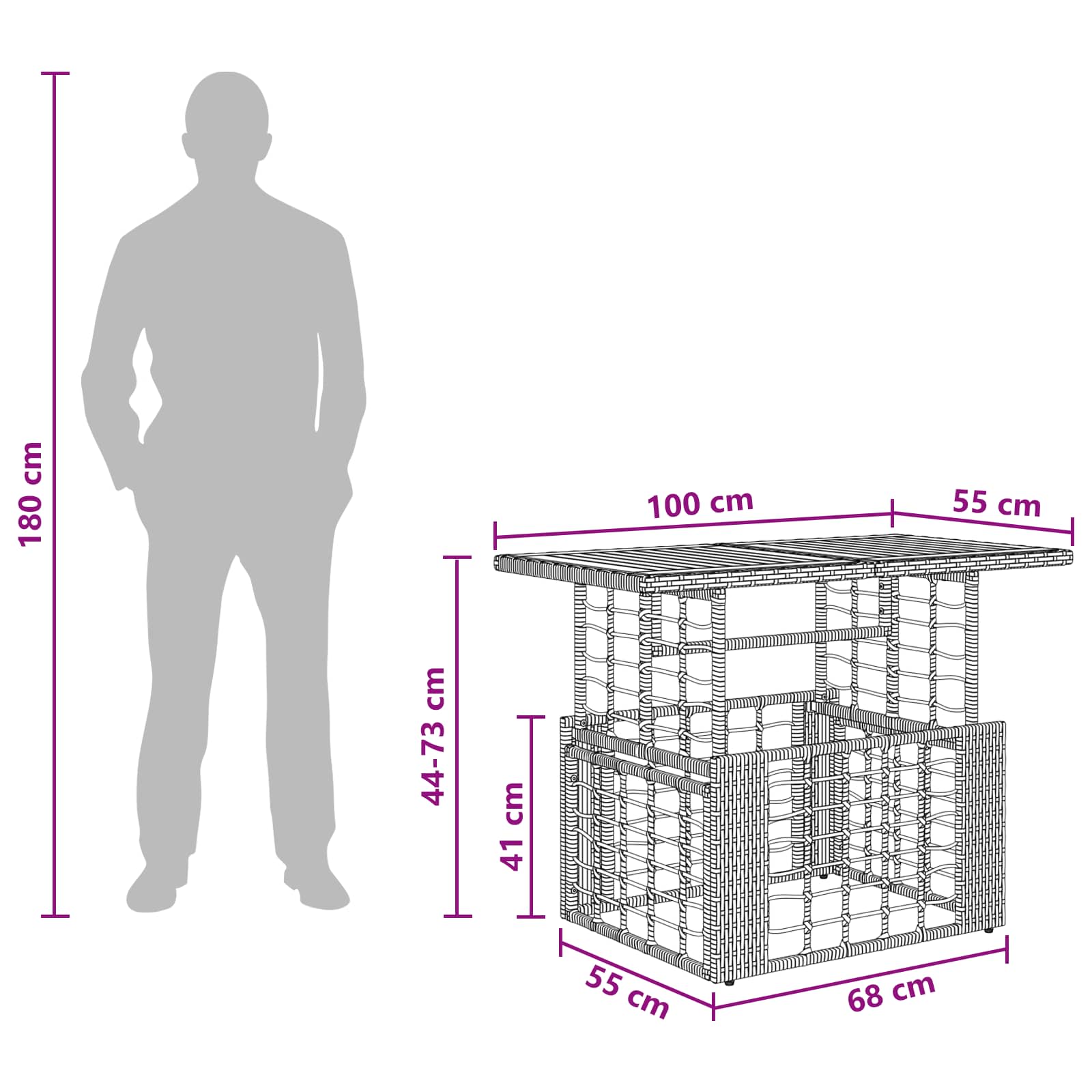 Mesa De Jardín 100 X 55 X 37 Cm Rattan Pe Y Cristal