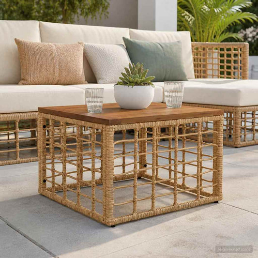 Mesa De Jardín 55 X 55 X 37 Cm Rattan Pe Y Cristal