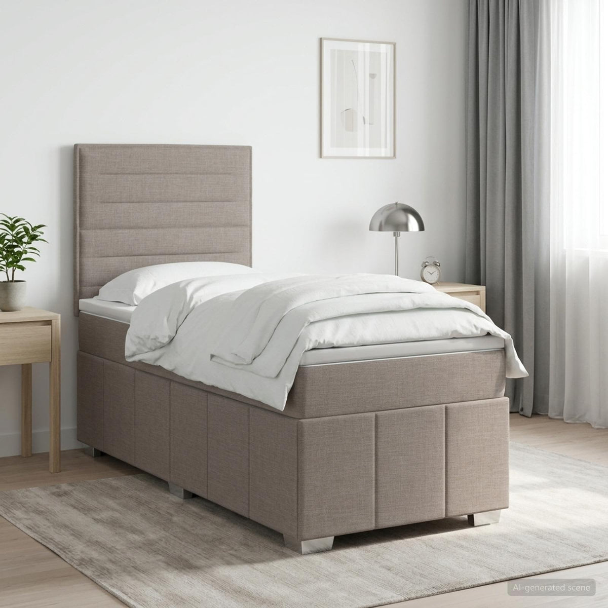 Cama Box Spring Con Colchón Tela Gris Taupe