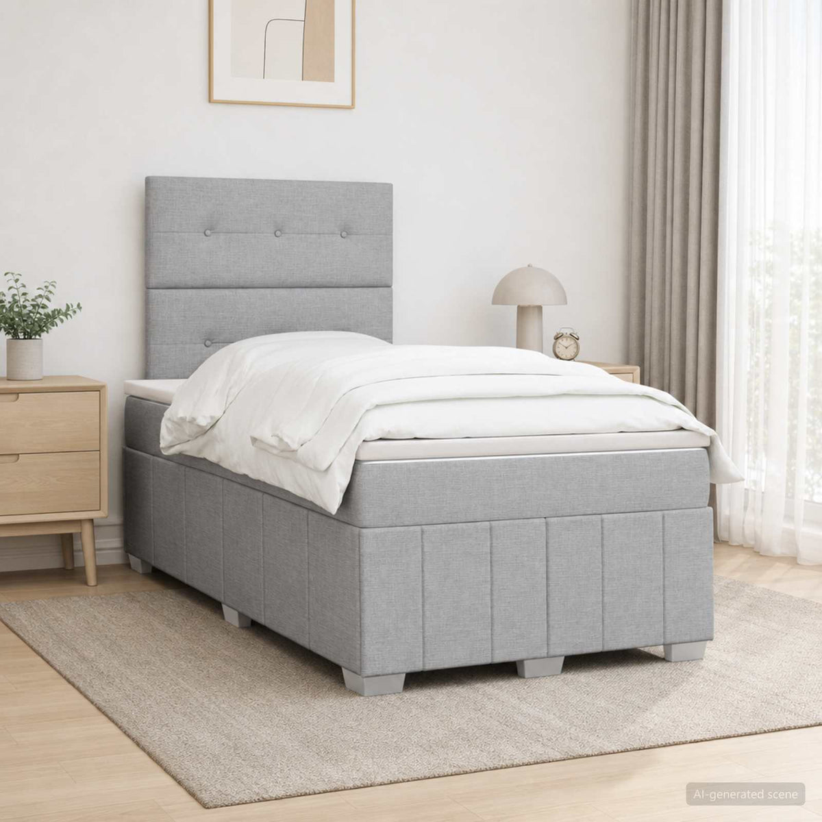 Cama Box Spring Con Colchón Tela Gris Taupe