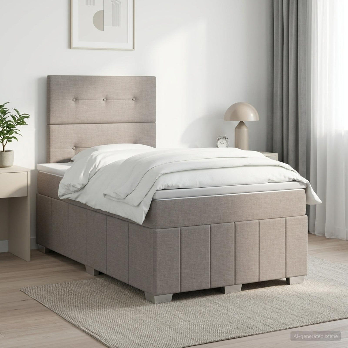 Cama Box Spring Con Colchón Tela Gris Taupe