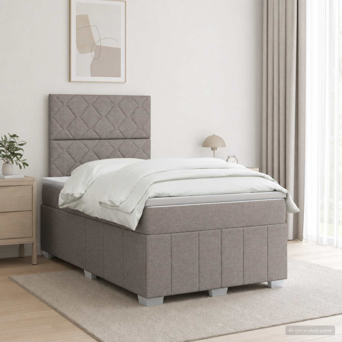 Cama Box Spring Con Colchón Tela Gris Taupe