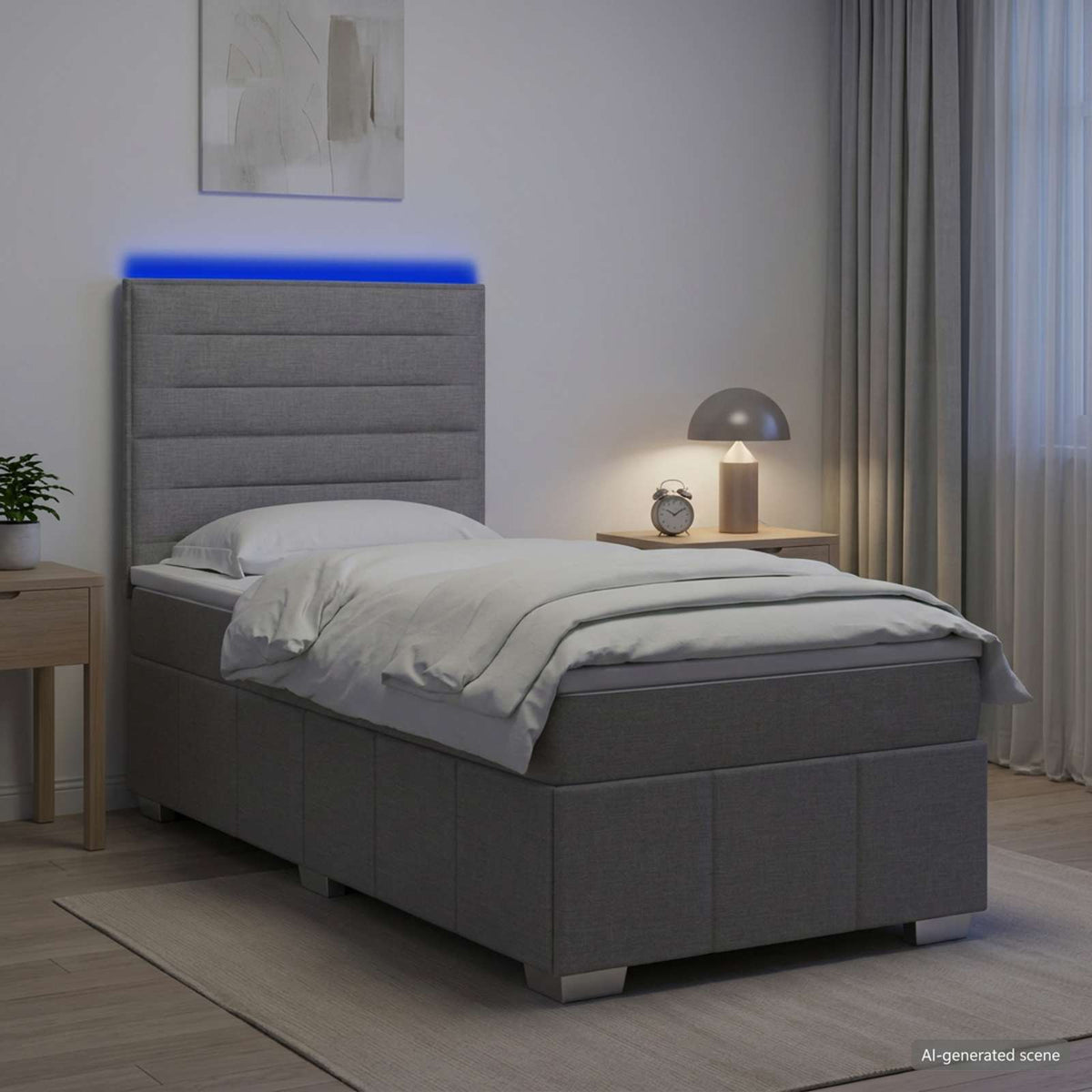 Cama Box Spring Con Colchón Tela Gris Taupe