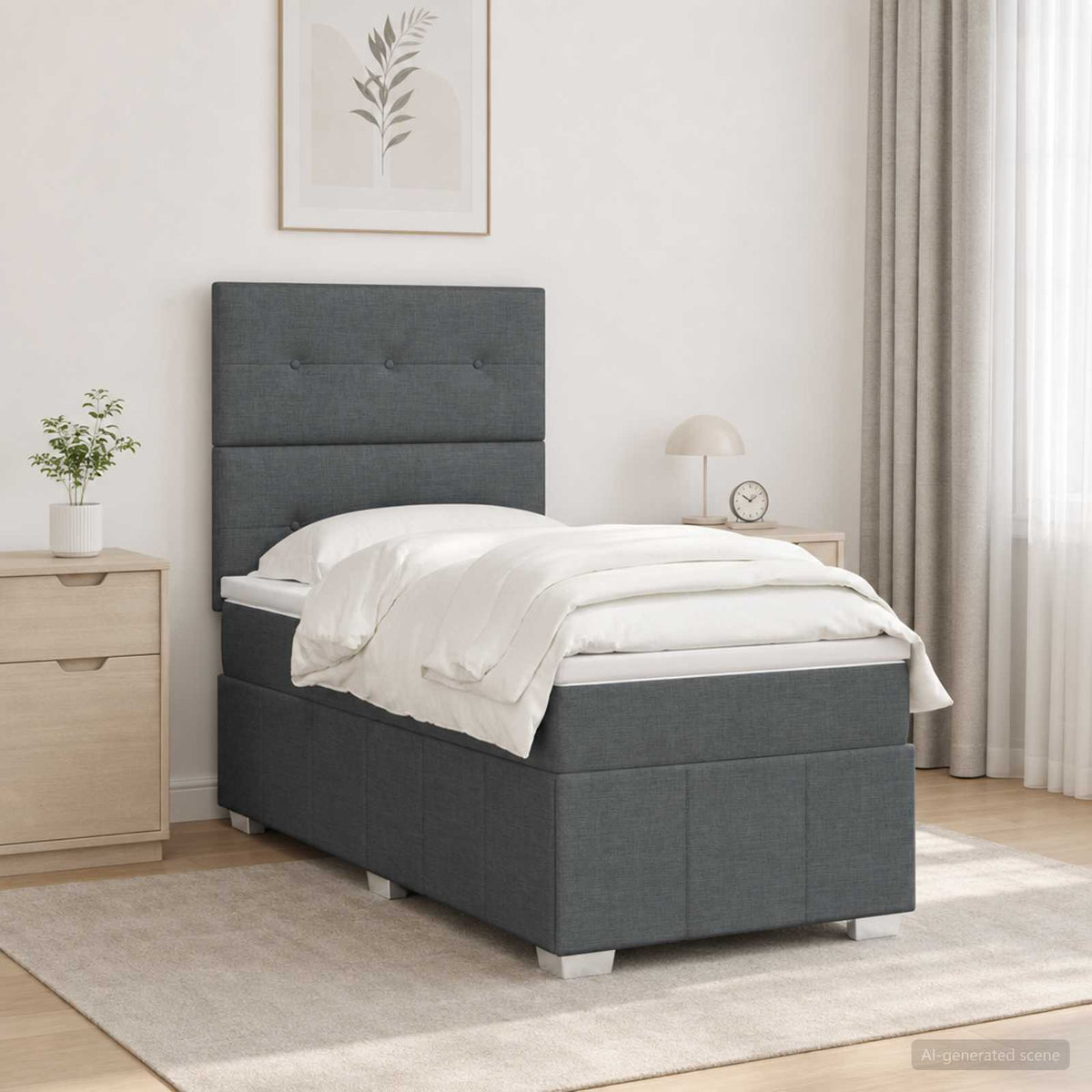 Cama Box Spring Con Colchón Tela Gris Taupe